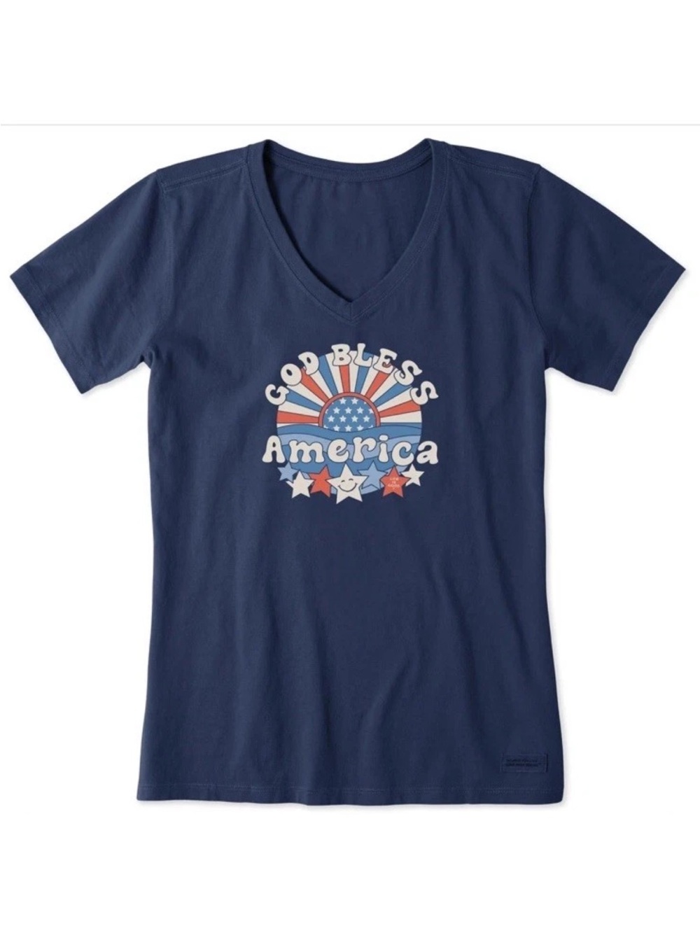 Life is Good God Bless America Women Tee Size L Americana 4th of July Stars